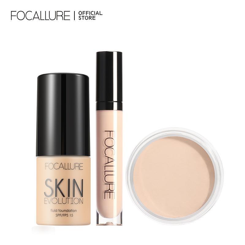 Bộ Mỹ Phẩm FOCALLURE Face 3 Cái Phấn Nền Dạng Lỏng 8 Màu Có Sẵn + Kem Che Khuyết Điểm Che Phủ Toàn Diện + Phấn Phủ