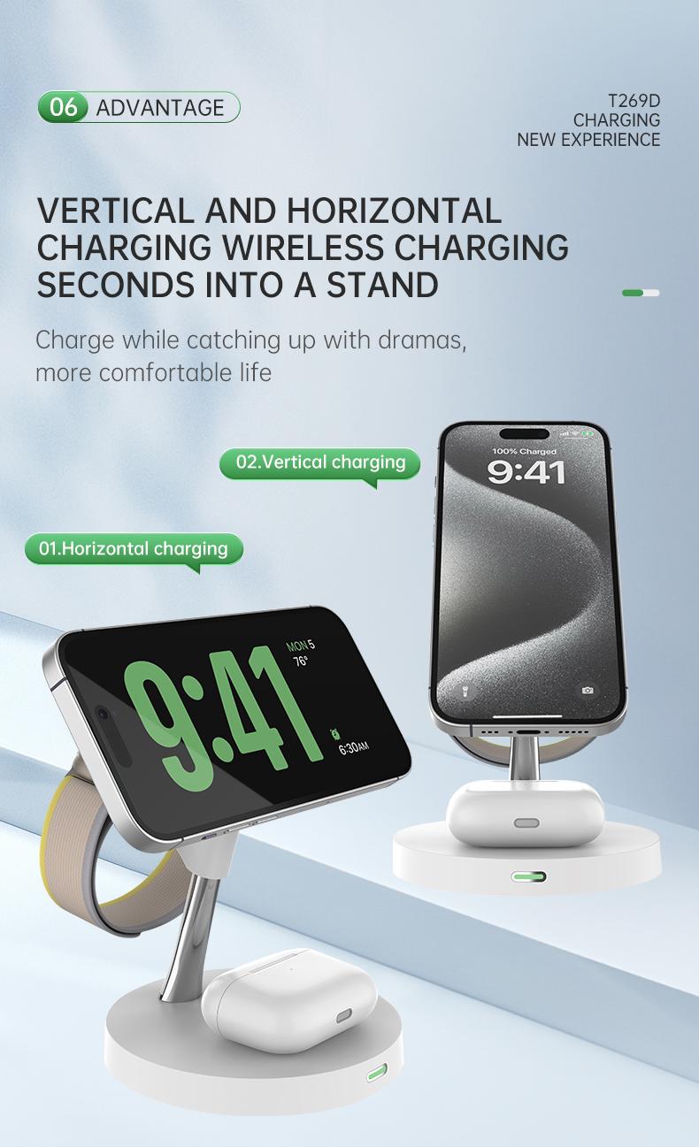 Product Introduction of Pengecas Wayarles Magnetik, 3 dalam 1, Stesen Pengecasan Pantas, Untuk iPhone 16, 15, 14, 13, 12, Jam Tangan Apple 10/9/8 / 7 / 6 / 5 / 4, Airpods 2 / 3 Pro, Serasi dengan Jam Tangan Galaxy Samsung 8