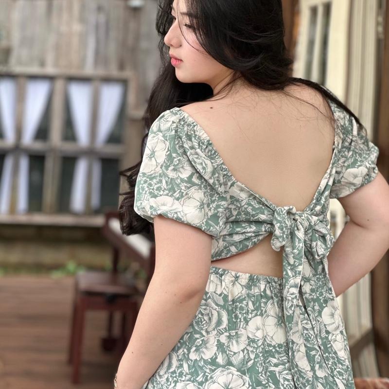 Chubby House Styles-Floral Dress- Đầm big size xòe hoạ tiết hoa cột dây Nữ Women peplum Kem Nhung 4