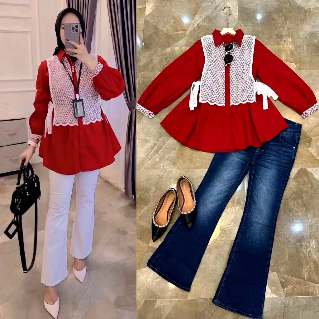 SPESIAL KEMEJA MERAH PUTIH/ ATASAN TERLARIS KATUN MIX BURKAT/ BUSUI FRIENDLY/ KC AKTIF/ LD 114 Atasan Katun Casual Wanita Kancing Salur/ EDISI AGUSTUSAN Formal Nyaman Santai