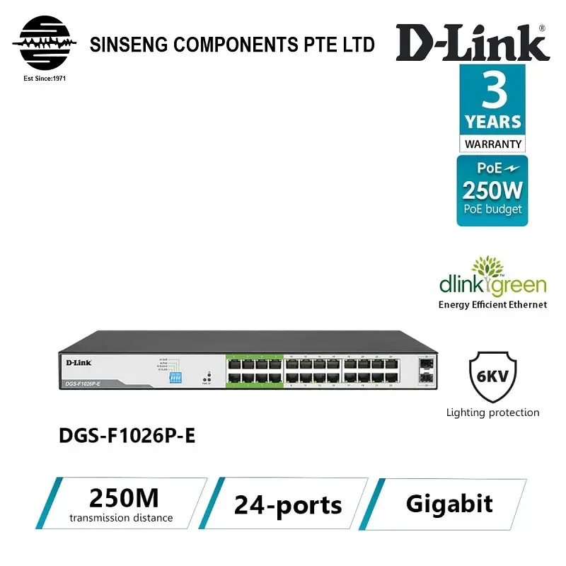 D-Link 250M 24 Port 1000Mbps Full Gigabit PoE Switch with 2 SFP Ports [Model No:DGS-F1026P-E]