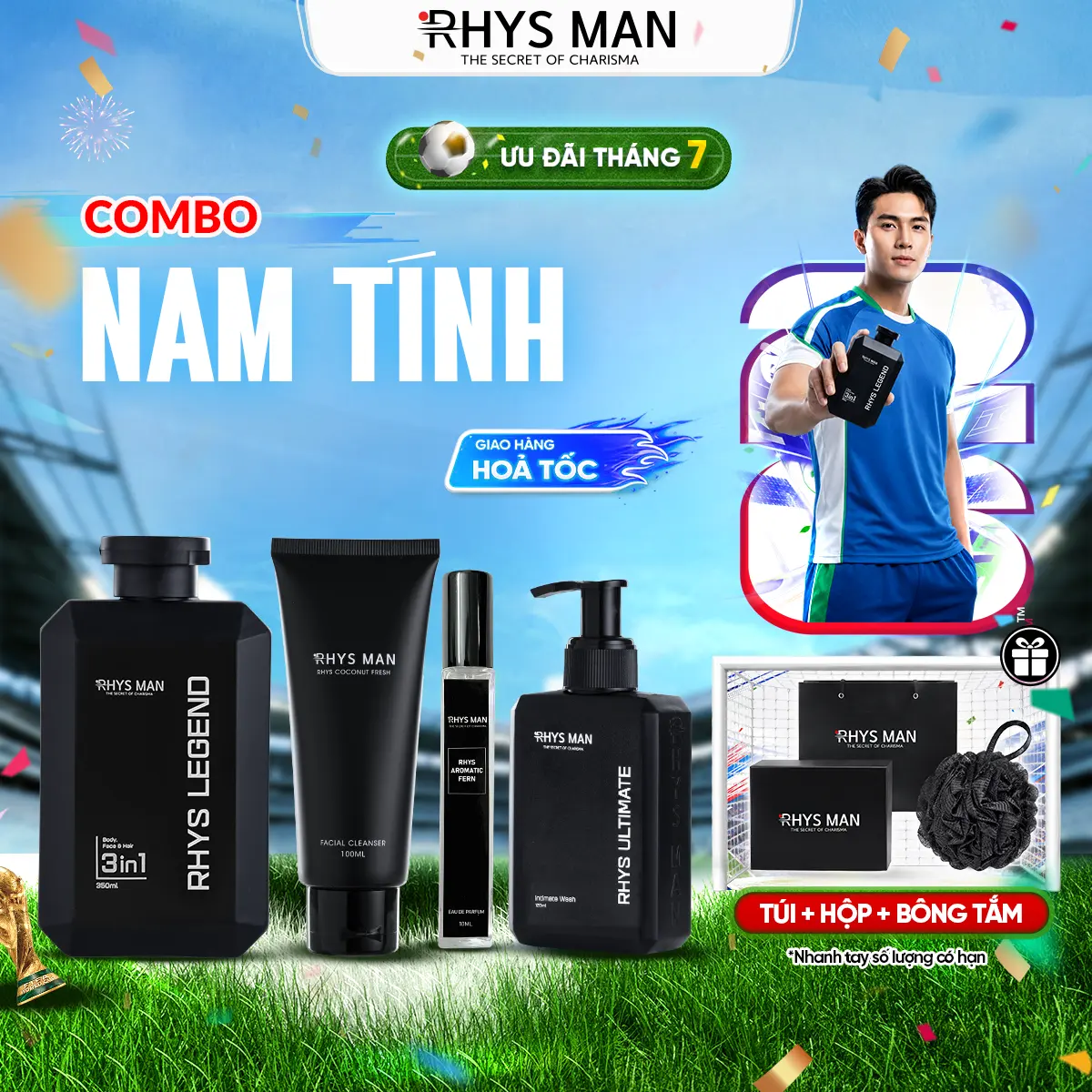Combo Nam Tính RHYS MAN - Sữa tắm gội nam 3 in 1 350ml & Gel rửa mặt nam 100ml & Dung dịch vệ sinh nam 120ml & Nước hoa nam 10ml