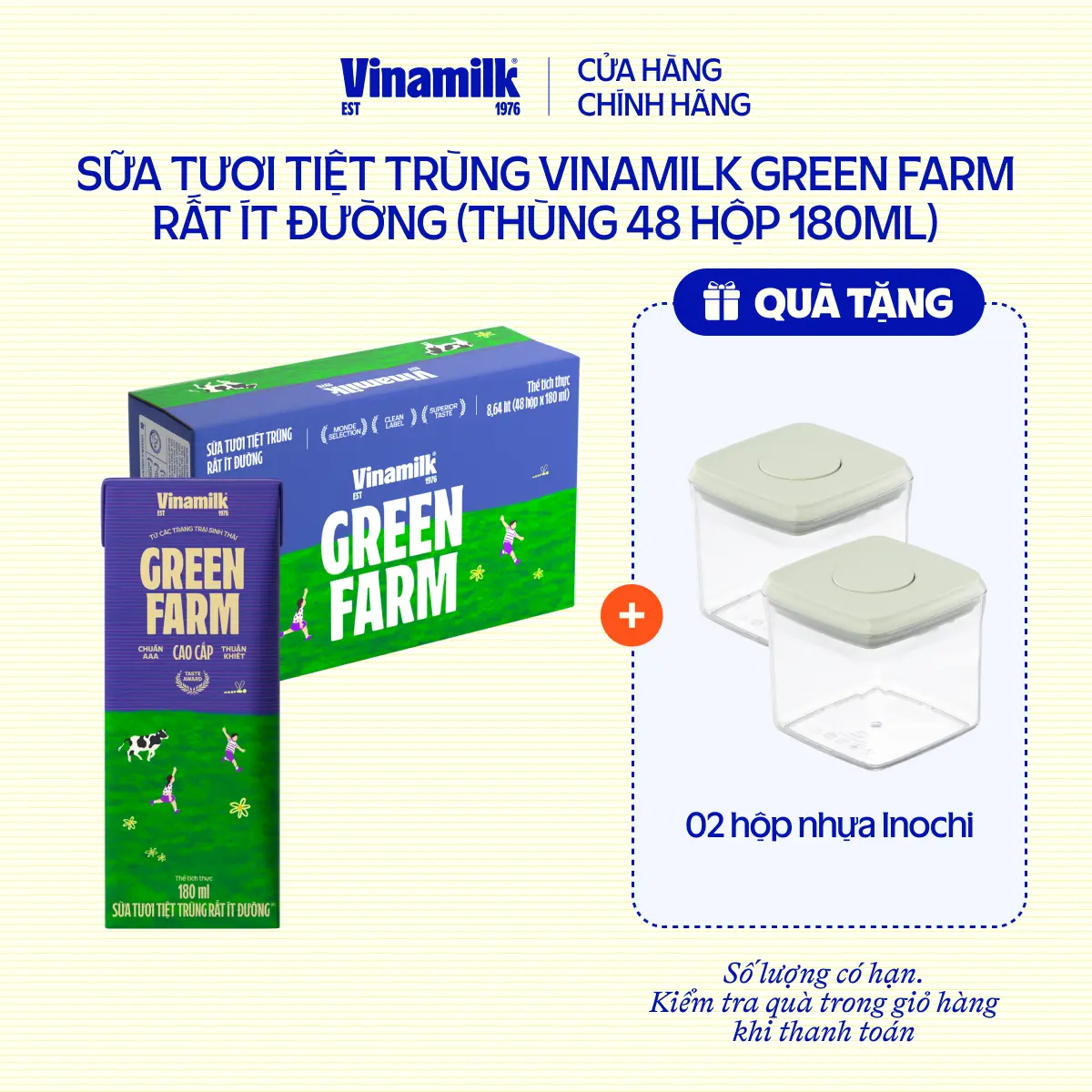 [AFF] Thùng 48 hộp Sữa Tươi Tiệt Trùng Vinamilk Green Farm Rất ít đường 180ml