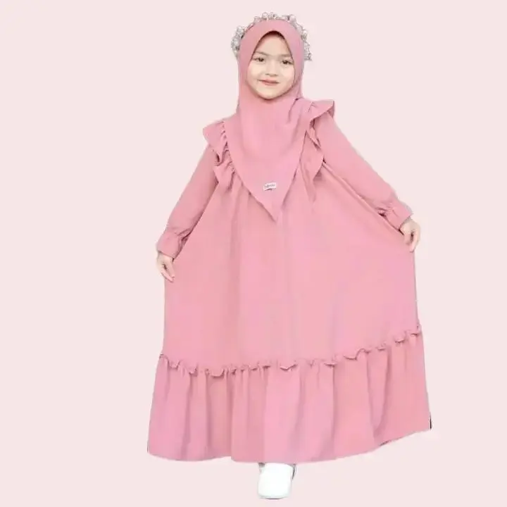 KAYLA SYARI SYARI/BAJU MUSLIM ANAK LEBARAN TERBARU TERMURAH 2025 BAHAN JATUH ADEM COTTON CRINKEL/GAMIS SET KERUDUNG 1-2-3-4-5-6-7-8-9-10 TAHUN/BISA COD Biru Hitam Katun Pink Putih Ruffle Variasi Dress Tanggung Jilbab
