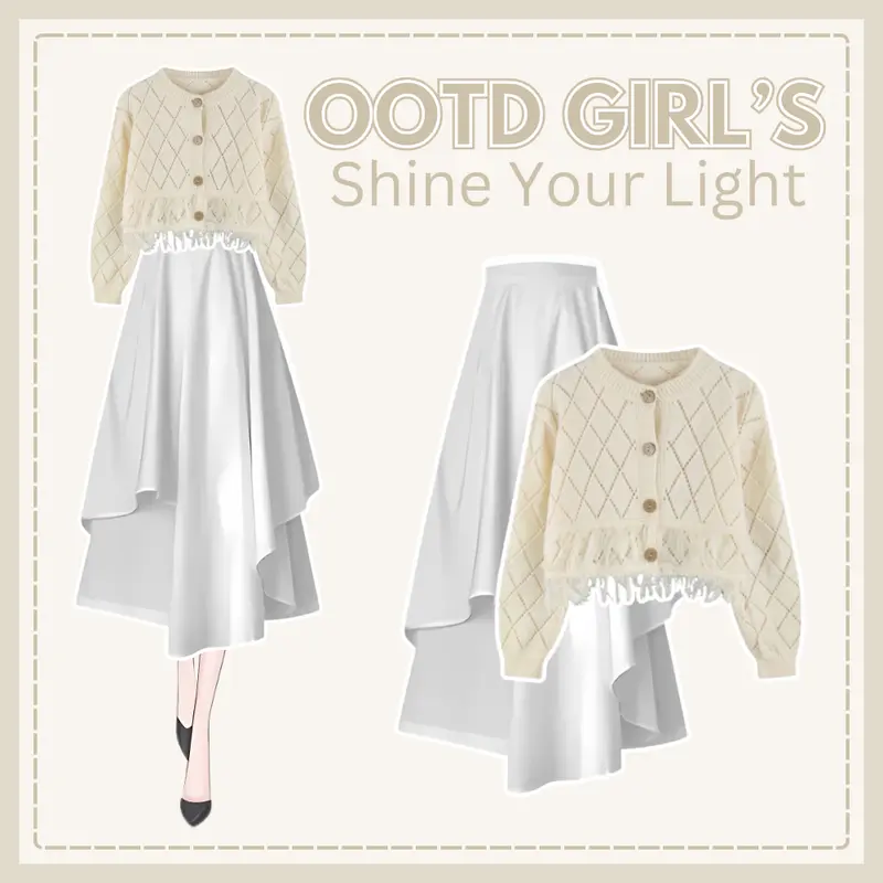 OOTD Wanita Girl'ds 2in1 Korean Style Nyaman | Cardigan Rajut Rawis + Rok Susun Putih Panjang EA103 one set vintage 0