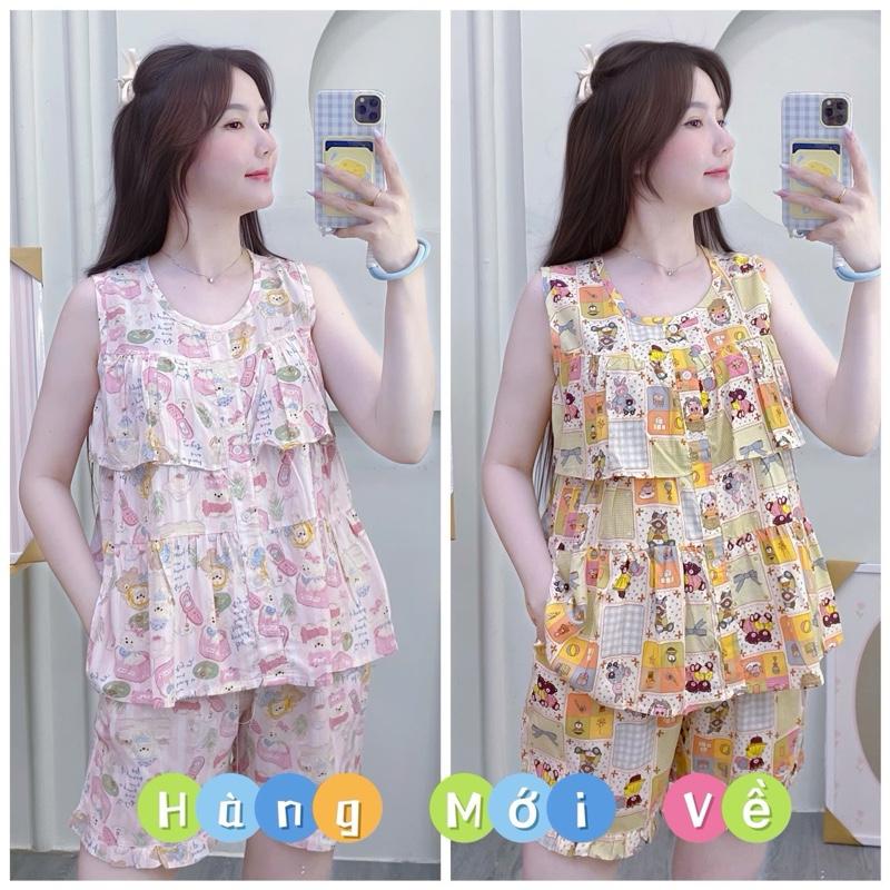 KA22- Đồ Bộ Tole Lanh Nữ  Mặc Nhà Áo Sát Cánh Tầng Quần Đùi Size 40-80kg Hoạ Tiết Hoa Hình