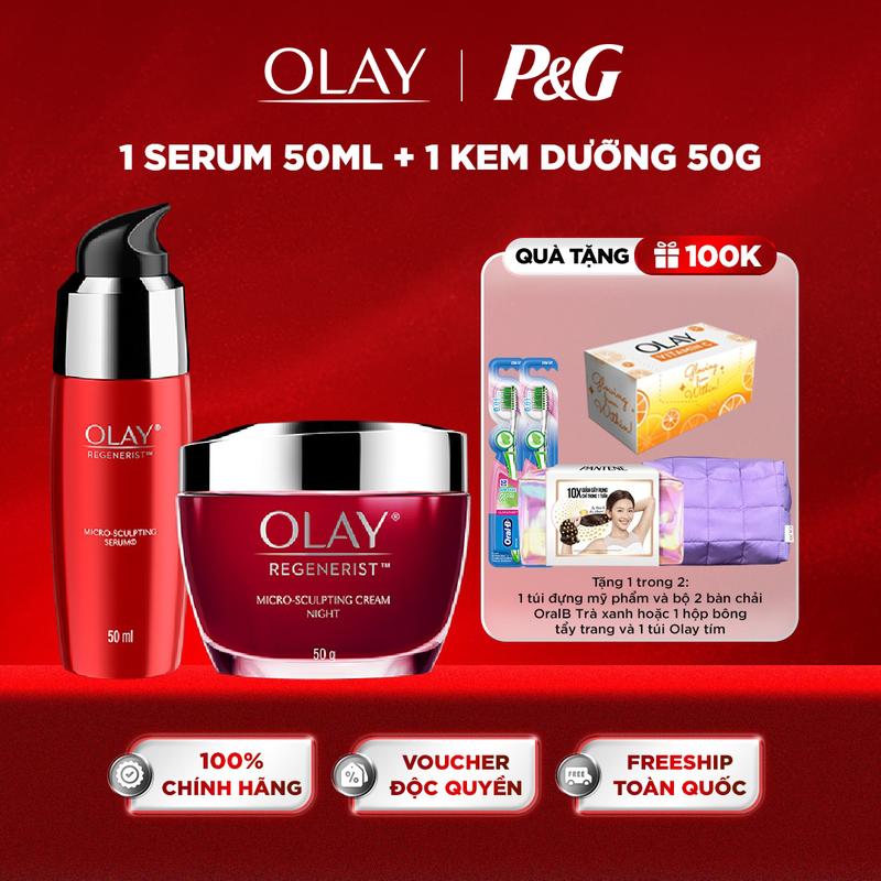 Combo Dưỡng Da Chống Lão Hóa OLAY Regenerist – Serum 50ml & Kem Dưỡng Ban Đêm 50g, Căng Mướt, Phục Hồi Da