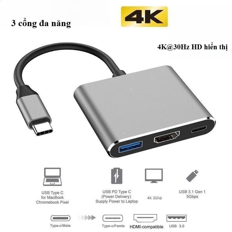 Hub Type-C 3 trong 1 HDMI 4K, USB 3.0, PD cho Laptop, Máy tính bảng