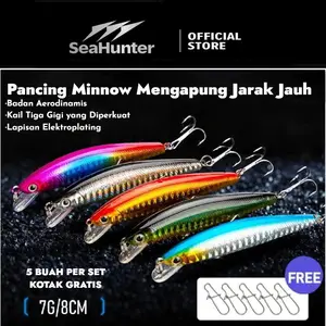 SeaHunter Pancing Minnow Terapung 7g/8cm 5pcs/Set Kotak Casting Medium Sinking Killer Treble hook 3x Kuat, Ultralight UL Wader Ikan Lure Minow