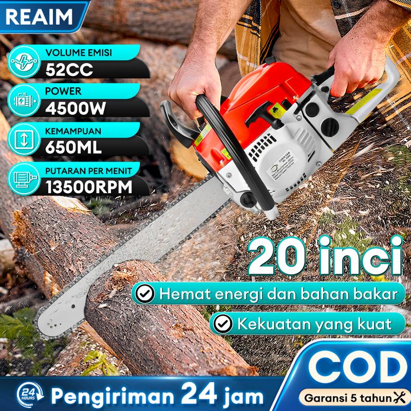 REAIM Daya Tinggi 4500W, 52CC, Gergaji Rantai Bensin, Gergaji Rantai Penebangan Pohon, 20inch Chainsaw, Motor Oli Pengukur, Pompa Tabung, Gergaji Rantai Bensin 52CC, Chainsaw 20 Inci, Gergaji Penebangan Pohon, Pompa Oli Mesin, Chainsaw Daya Tinggi 1