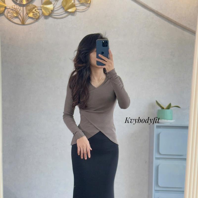 Áo thun tay dài chéo cổ Kvy A1 chất thun cotton nhập mịn dày dặn co giãn tốt 6