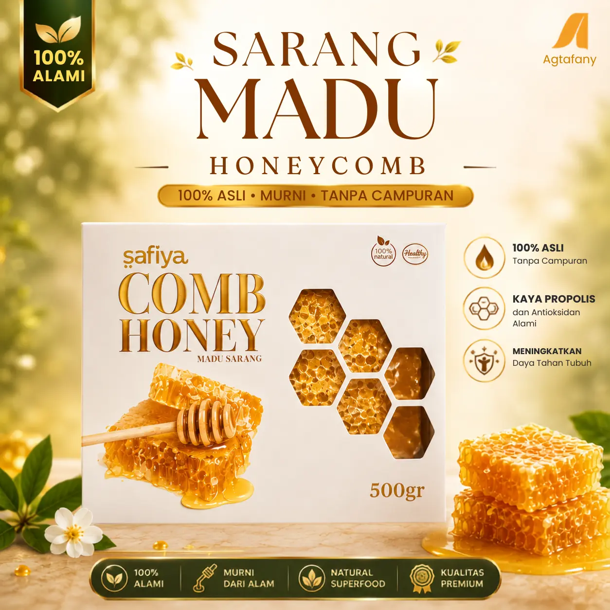 Honeycomb Madu Sarang Alami 500 gr | Safiya 100% Asli Premium Kaya Propolis & Enzim Penguat Imun