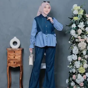 Oneset/setcel kombinasi salur jeans wash rompi tali pinggir wanita daily