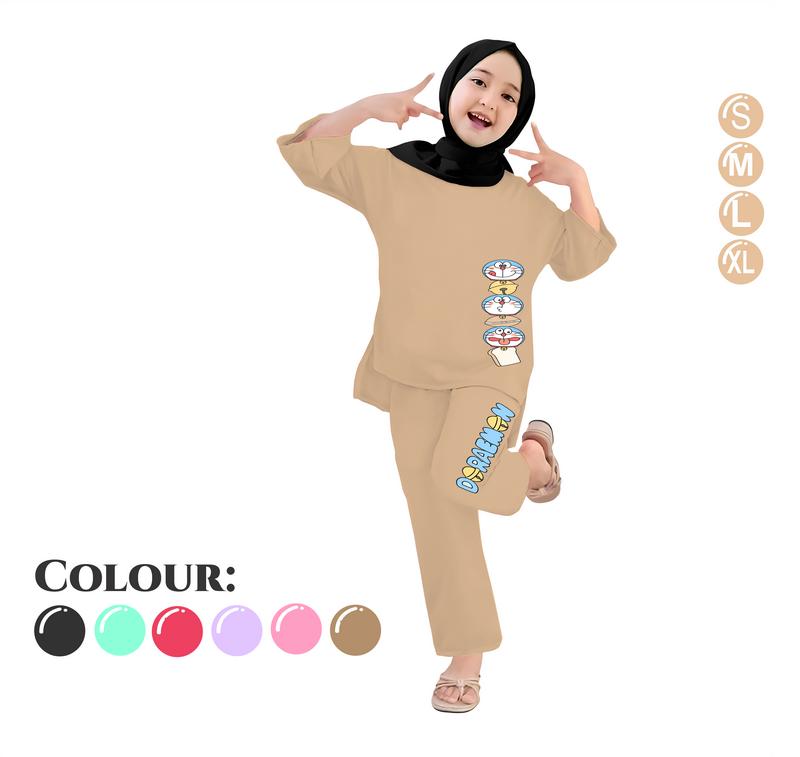 Baju Setelan Anak Perempuan - Pakaian Kaos dan Celana Panjang Anak Cewek Fashion Motif Belah Usia 4-13 Tahun - DORAEMON HEAD 0