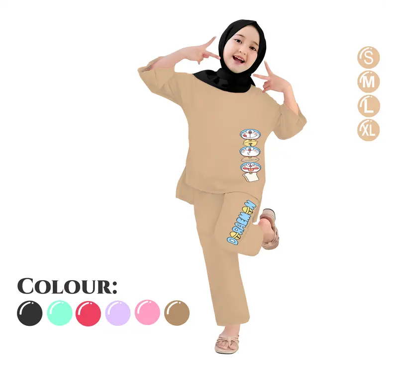 Baju Setelan Anak Perempuan - Pakaian Kaos dan Celana Panjang Anak Cewek Fashion Motif Belah Usia 4-13 Tahun - DORAEMON HEAD 0