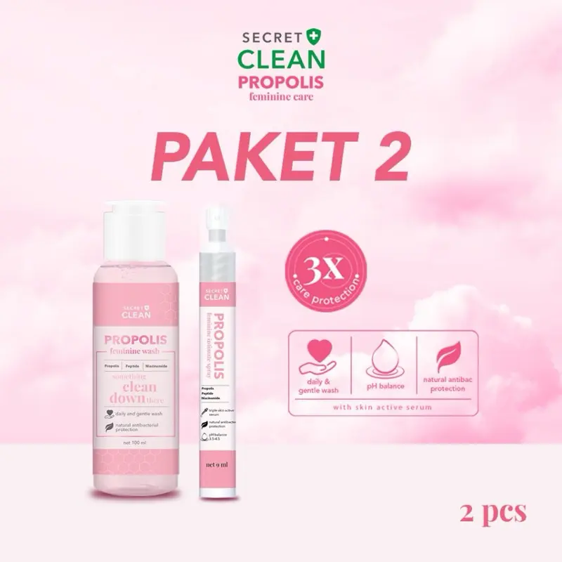 SECRET CLEAN Propolis Feminine Wash 1 Pcs + Intimate Spray 1 Pcs | Paket 2 Pcs | Set