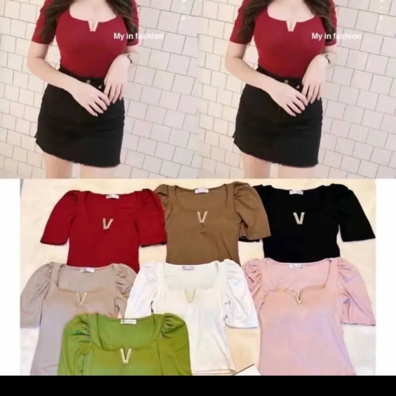 atasan wanita cotton strach lengan pendek v neck halus lembut Top Cewek Polos 1
