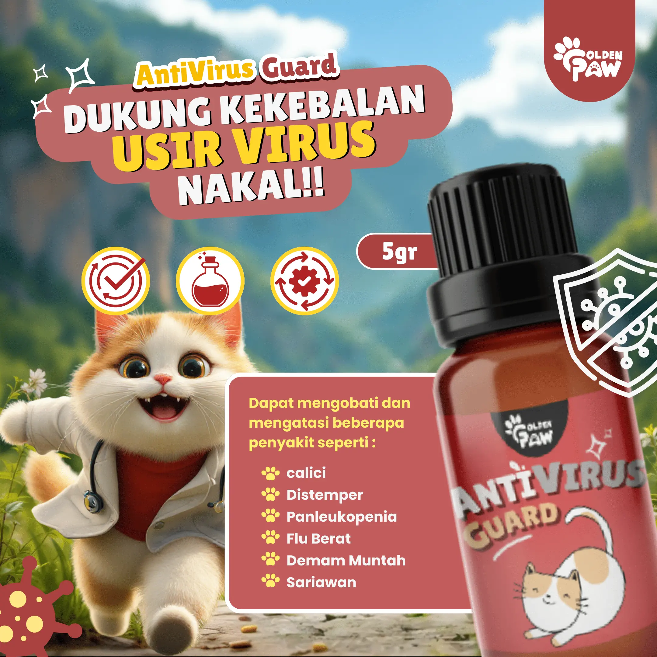 ANTI-VIRUS GUARD 5gr by Golden Paw Obat Virus Calici Distemper Panleu Flu Berat Demam Lemas Panleukopenia Kucing Ampuh Terbaik