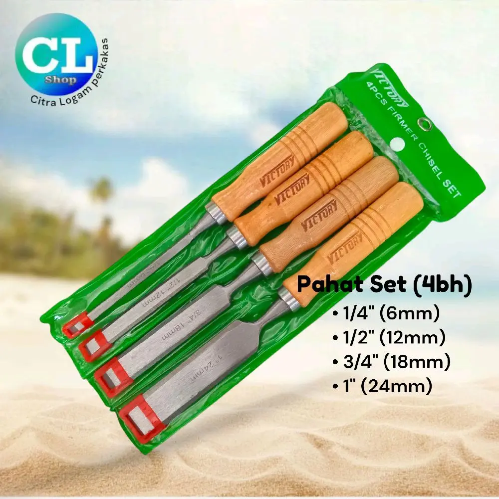 PAHAT KAYU SET 4pcs isi 4bh ukuran 1/4" ( 6mm ) 1/2" ( 12mm ) 3/4" ( 18mm ) 1" ( 24mm ) tatah gagang kayu