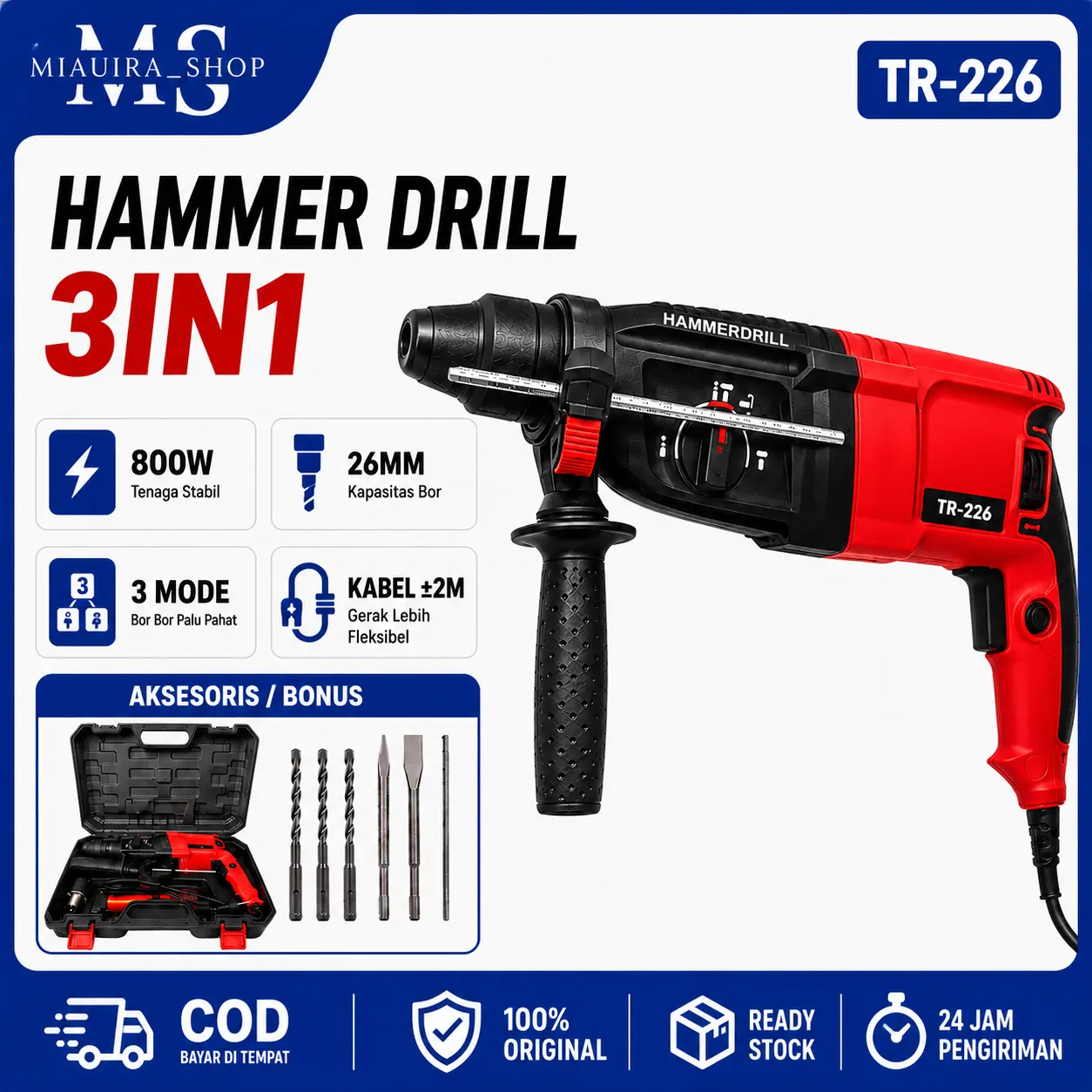 TROODON Mesin Bor Bobok 3 Fungsi Rotary Hammer Hammer Drill Jack Hammer Bor Beton Impact 800W BISA COD