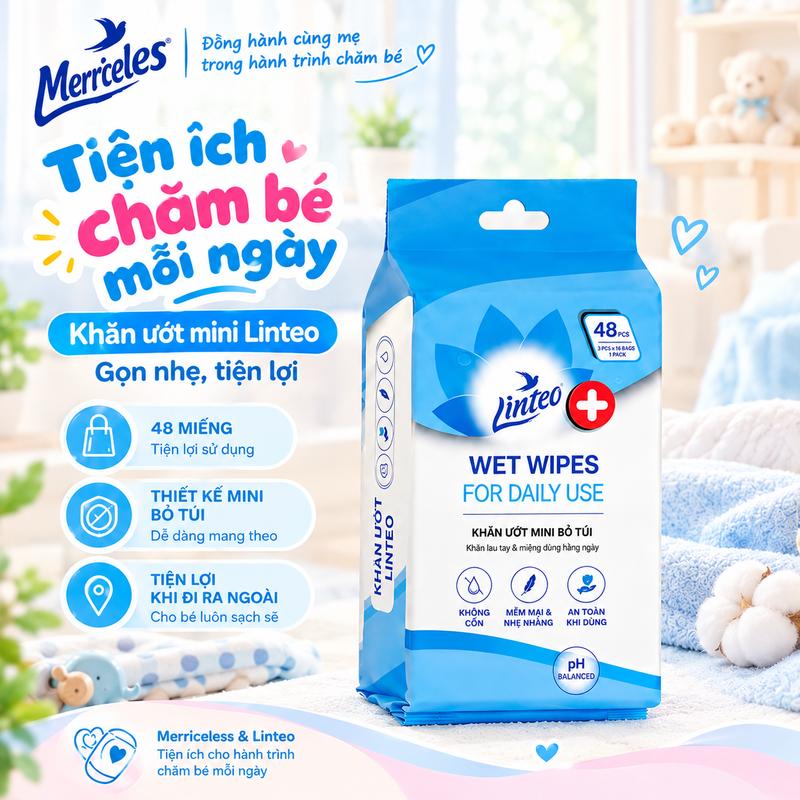 Khăn Ướt Mini Linteo 48 Miếng, Gói Nhỏ Bỏ Túi Tiện Lợi