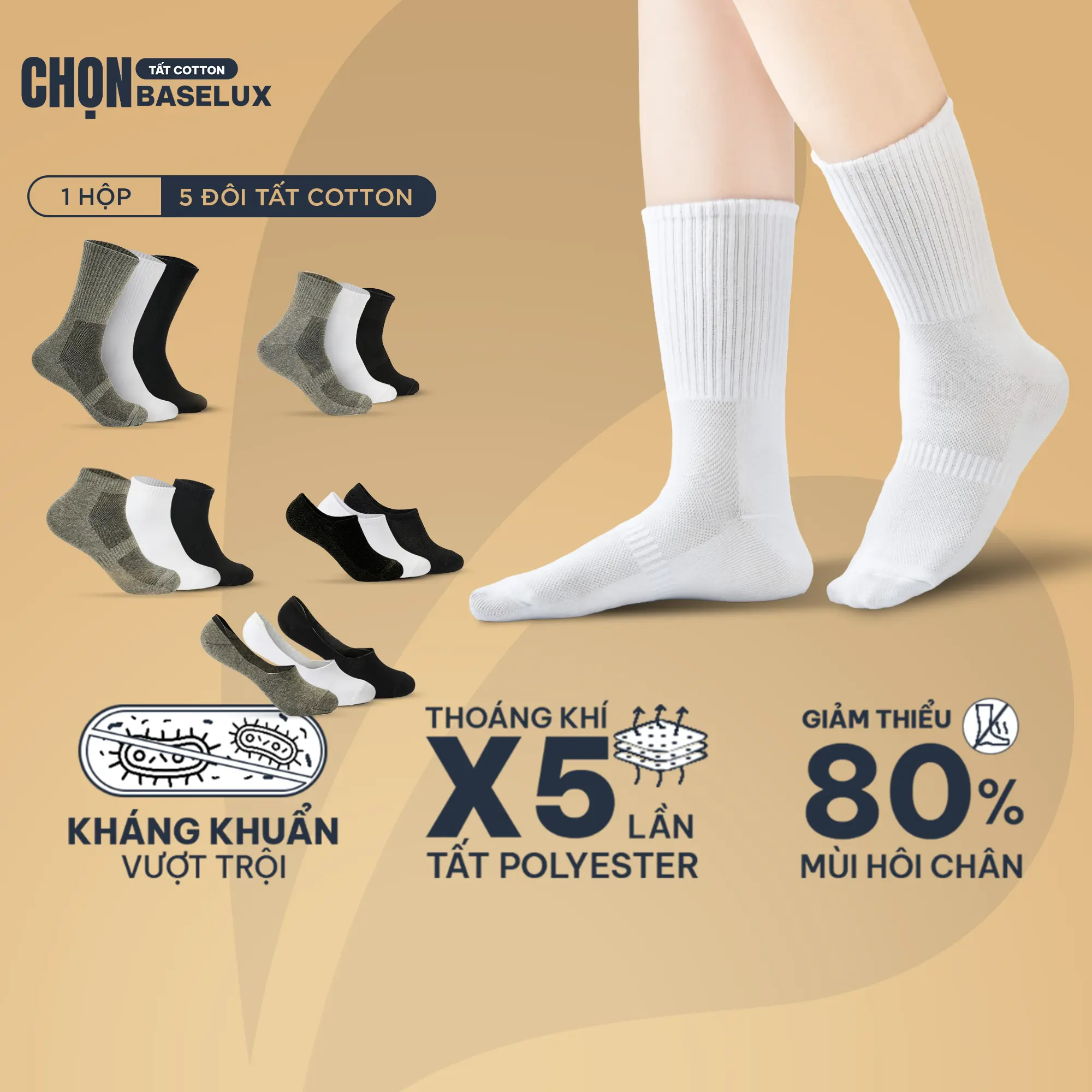 Tất cotton thiên nhiên BaseLux tất cổ cao thoáng khí chống hôi chân, tất nữ mềm mại co giãn, tất nam công sở kháng khuẩn