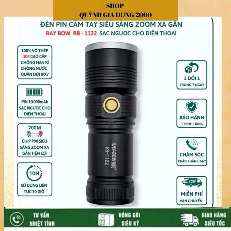 Đèn pin siêu sáng ray bow 1122 chiếu xa chống nước đèn có thể bị nóng khi cầm nên hạ độ sáng xuống plastic chạy bằng pin