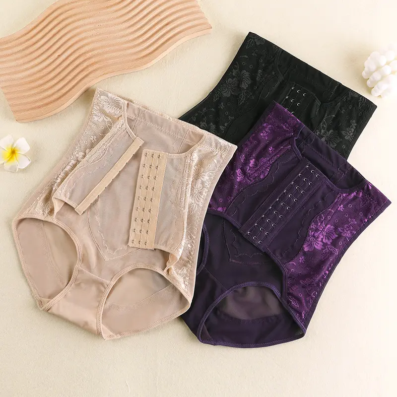 3-layer 9-breasted high waisted shaping pants High-elastic mesh thin high-waisted lace hip-lifting corset waist-breasted postpartum body shaping and tummy control pants Fabric Polyester Shapewear Stretchable Lingerie Women Lady Comfort Compression