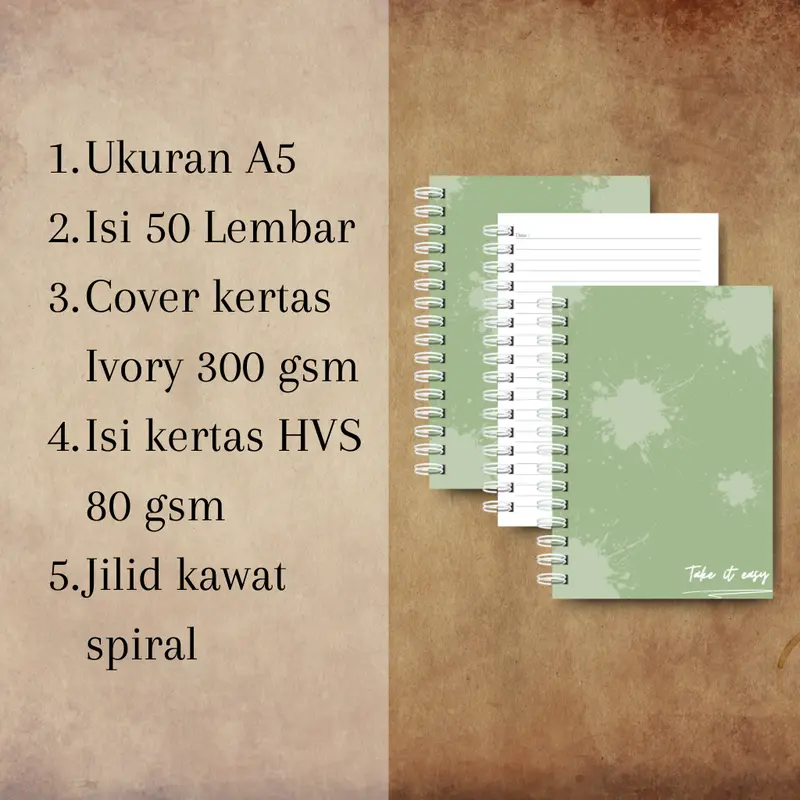 Notebook A5 Isi 50 Lembar dan 100 Lembar Soft Cover Kawat Spiral Take It Easy quotes 4