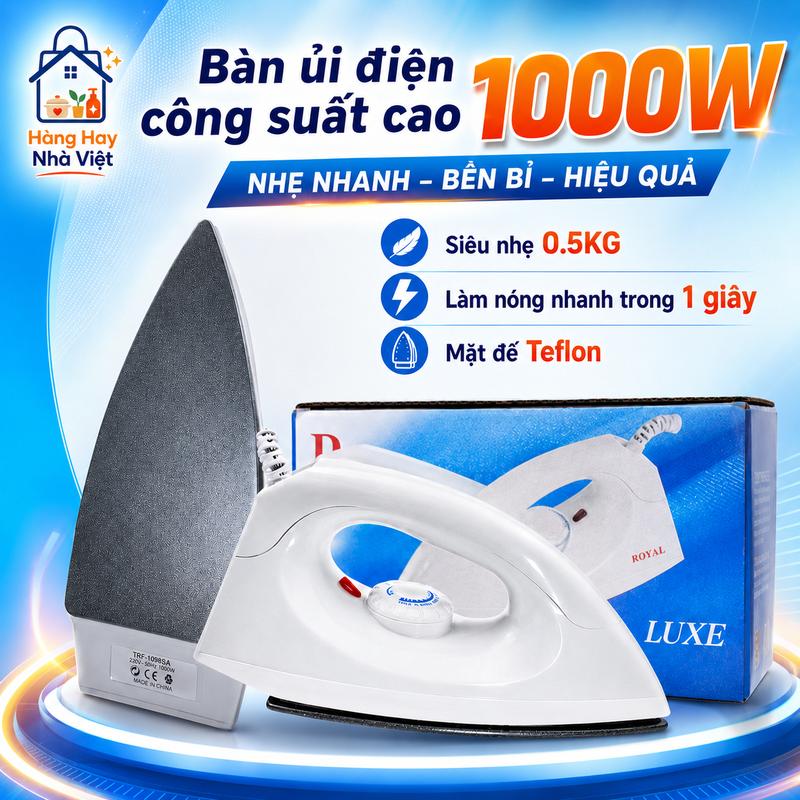 Bàn Ủi Điện Khô 1000W Đế Chống Dính Teflon, Làm Nóng Nhanh, Siêu Nhẹ 0.5KG, Ủi Quần Áo Dễ Dàng