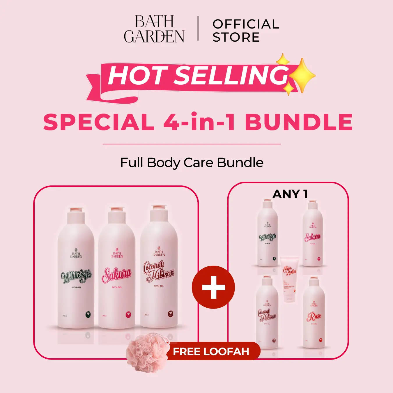 Bath Garden Special 4-in-1 Bundle Sakura White Tea Coconut Hibiscus Rose Local Brand Bath Shower Gel Body Wash Shea Butter Scrub Hyaluronic Acid Niacinamide Moisturizing Brightening Sabun Wangi Tahan Lama Melembapkan Mecerahkan Kulit