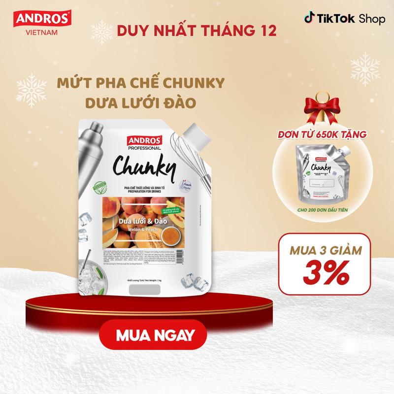  Mứt Trái Cây Pha Chế Dưa Lưới & Đào - Có miếng Trái Cây Thật - Vị Chua Ngọt Tự Nhiên - Nguyên liệu pha chế - ANDROS CHUNKY - 1kg 
