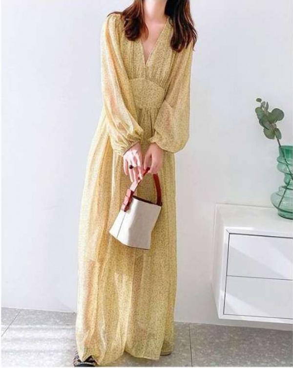 Phong cách Pháp cổ điểnváy voan hoa dài tay thiết kế cạp cao, dáng rộng vừa vặn, mặc dự tiệc hay mọi dịp đều siêu đẹp! Nữ Women Dress Khuy 3