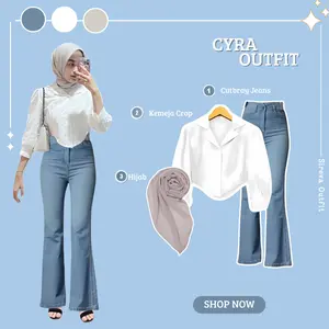 OOTD 3in1 Cyra { Kemeja Crop Putih + Celana Cutbray Jeans + Hijab} One Set Korean Style | Fashion Wanita Kekinian | Outfit Kampus _SR15