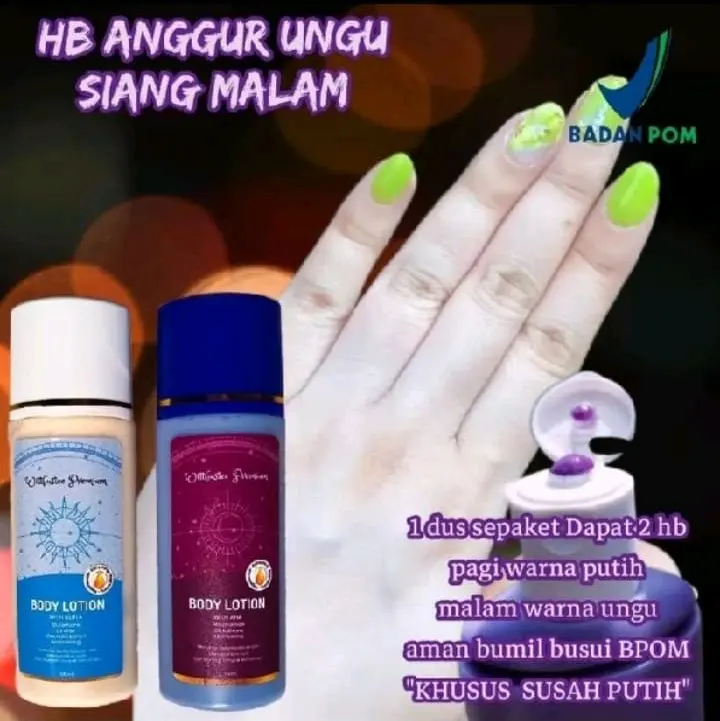 Hb anggur siang+malam bpom, mencerahkan badan collagen, memutihkan kulit dan melembabkan