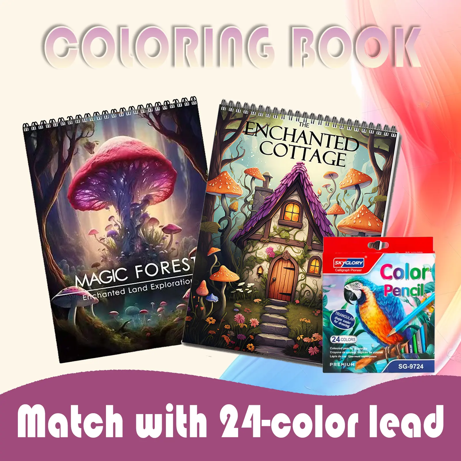 2 pieces of coloring books with the theme of "Magic House and Fantasy Forest" +24 high-quality colored pencils, suitable for adult women, for stress relief and healing, drawing practice, and perfect as a gift