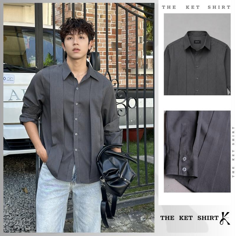 THE KET SHIRT- Áo sơ mi nam dài tay Form Relaxed Fit Hàn Quốc hiện đại thiết kế xếp ly trẻ trung vải cotton chéo cao cấp SM01