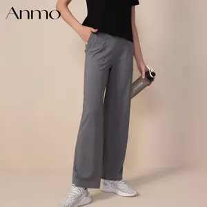 ANMO-Celana kasual high-waist, celana olahraga, celana cutbray santai, celana longgar model lurus Celana Yoga Celana berkantong bahan stretch tinggi