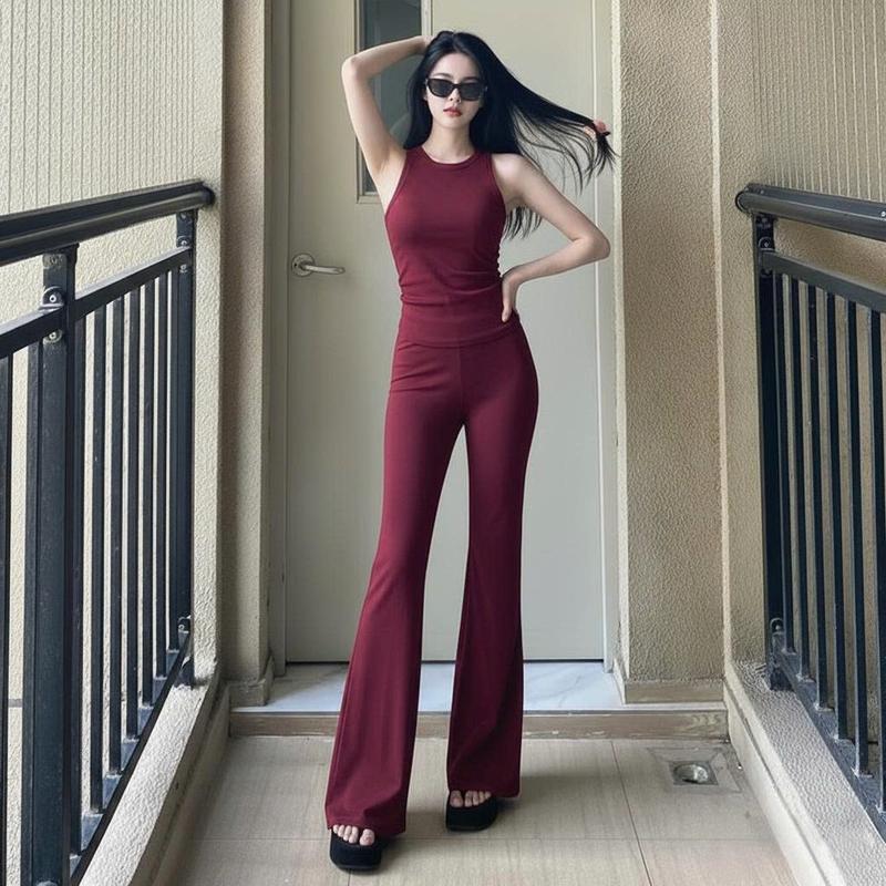   VẢI XỊN  Set áo sát nách cổ tròn kèm quần dài ống loe KVY S19 chất thun borip lụa dày mịn co giãn thích hợp mọi phong cách 