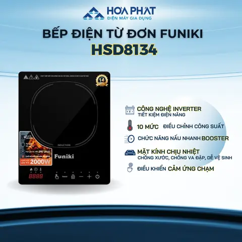 Bếp điện từ đơn Funiki HSD8134 - 2000W, Chức năng nấu nhanh Booster, Mặt kính Crystal, Điều khiển cảm ứng chạm, Bảo hành 14 tháng