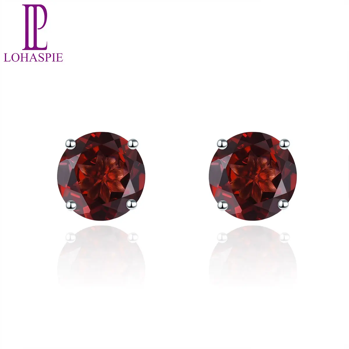 Natural Red Garnet 925 Silver Stud Earrings Round 6mm Faced Cutting Genuine Red Gemstone Solid 925 Sterling Silver Fine Elegant Simple Jewelry Gift