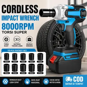 Impact Wrench Cordless Brushless Mesin Buka Baut Bor Baterai Electric Wrench Torsi Kuat Rechargeable