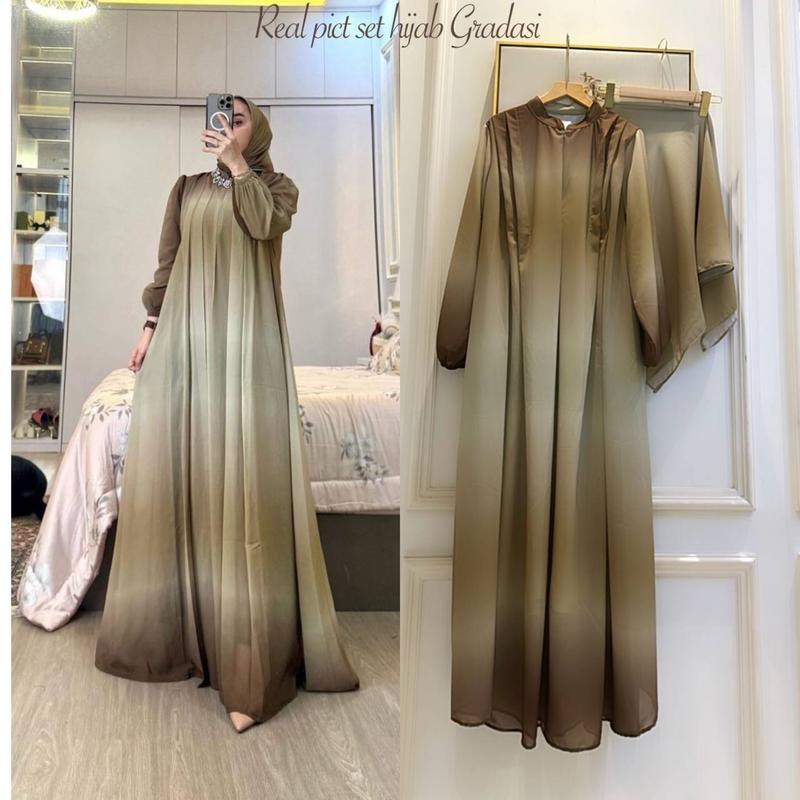Product Introduction of Gamis Set Hijab Gradasi Mat Ceruty Babydol Full Furing Hyget Kaos Ootd Hijab Style Muslim hyget set gradasi olive 2