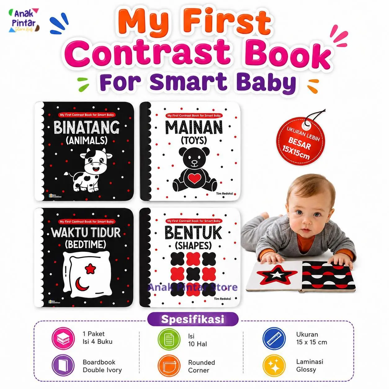 My First Contrast Book Boardbook Bayi Set 4 Buku Kontras Warna Edukasi Newborn 0-12 Bulan Kenalkan Bentuk