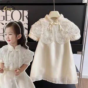 Ceria-Gaun Han anak perempuan untuk musim panas/gaun cheongsam bergaya retro/Gaun mini dengan cape kecil