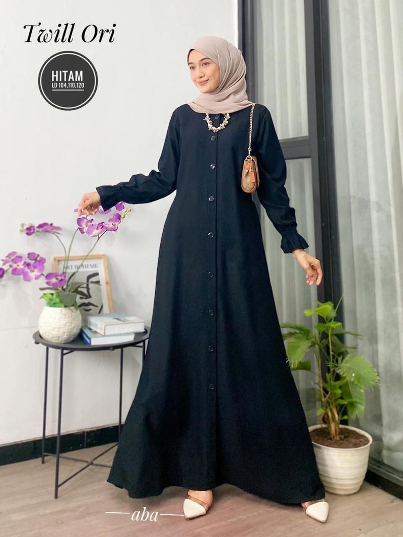 Product Introduction of gamis polos twil ori dress panjang busui tali samping Muslim Twill Kancing Cantik Karet Wudhu Kain Lembut Tebal Kerah Motif Wanita Rayon Katun Mewah Baju Maxi 19