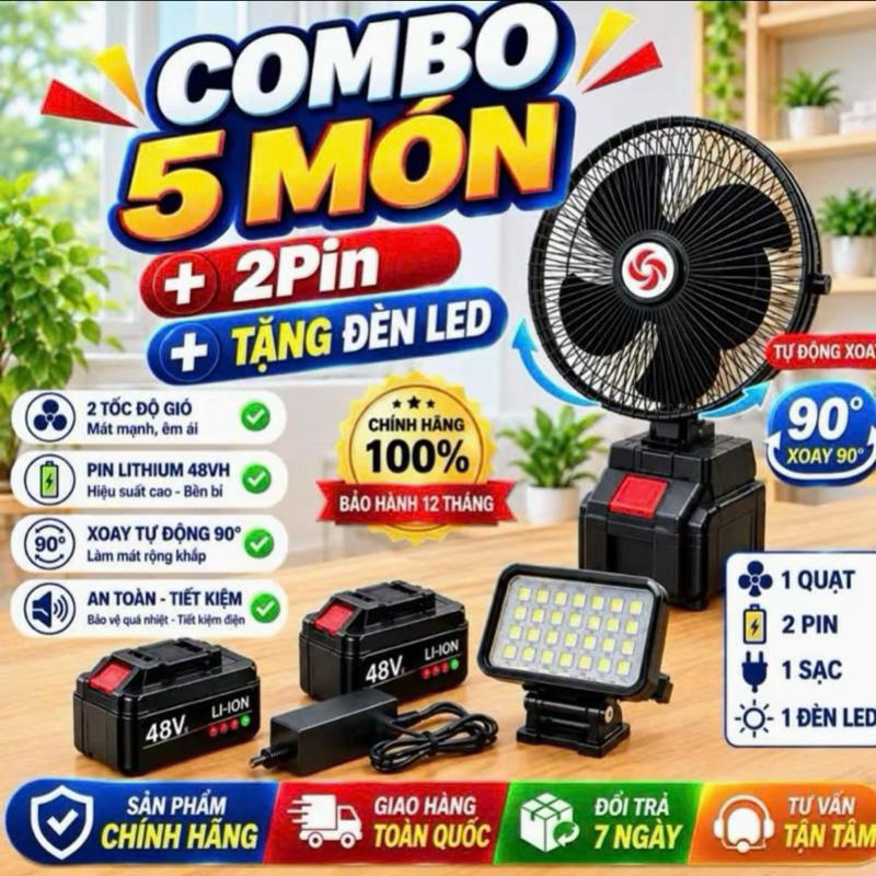 Combo 5 Món Quạt Xoay + 2 pin 10 Cell + Sạc + Quà Tặng Đèn 35 Bóng - Quạt Tích Điện, Sử Dụng Chân Pin Phổ Thông, Có 2 Cấp Độ Gió, Bảo Hành 12 Tháng