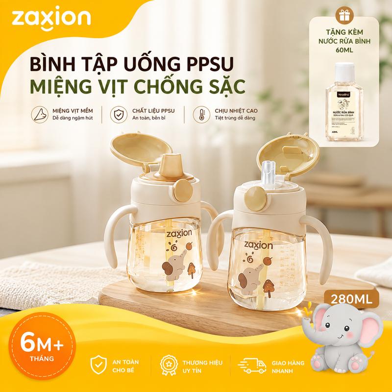 Bình tập hút nước PPSU, Thiết Kế Đầu Lật, Bình Nước, Cho Trẻ Sơ Sinh / Trẻ Mới Biết Đi 6 Tháng Tuổi, Cốc Tập Uống Nước 280ML, Có Ống Hút, Không Chứa BPA - Tặng dung dịch vệ sinh bình sữa