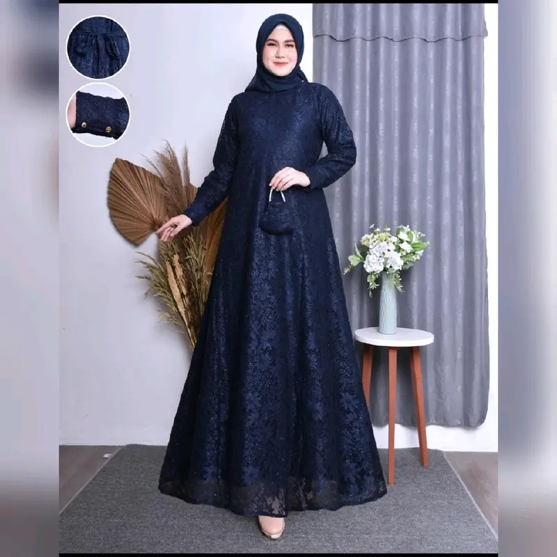 gamis brukat dress jumbo pesta ada ukuran dari m.l.xl.xxl.xxxl free masker Wanita Muslim Kondangan Lembut Tebal 5