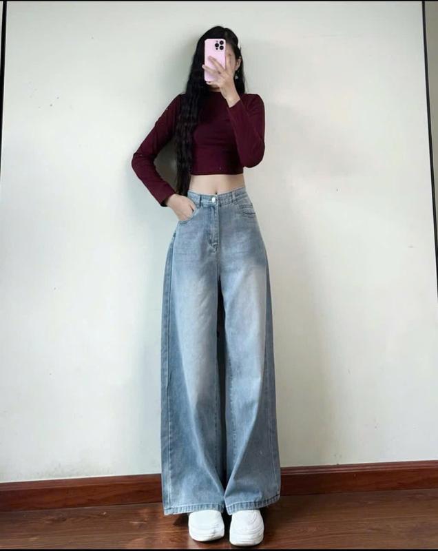 [Suông Trơn] Quần jean nữ XANH NHẠT CẠP CAO dáng suông ống rộng HOTTREND 2025